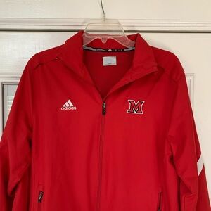Miami University polyester jacket. Red with white stripes. Men’s size Small.